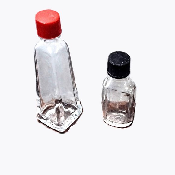 Vintage Set of 2 MINI Glass Collector Bottles ~ Red & Black Plastic Screw Caps - Picture 4 of 10